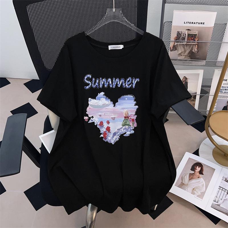 Women's Plus Size Slimming Loose Fit Mid-Length Round Neck Short-Sleeve T-Shirt (Sizes 200/300/350 Jin)