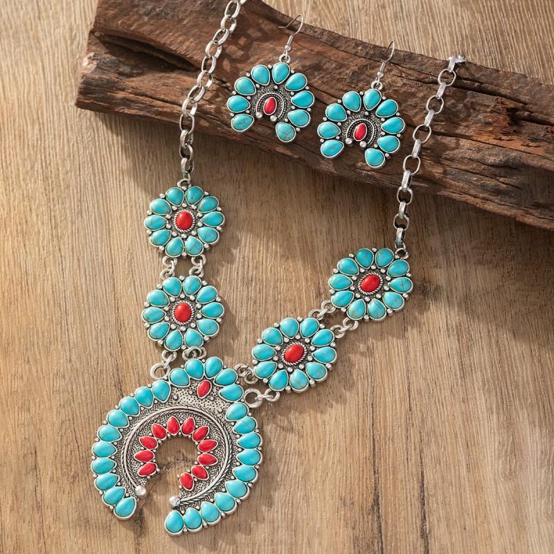 Boho Statement Turquoise Necklace Women Men Zinc Alloy Pendant Chain Jewelry Casual Fashion Accessory