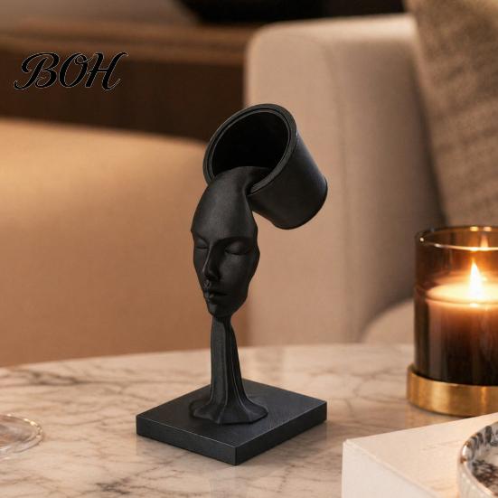 Minimalist Face Sculpture Abstract Human Sculpture, Surrealism Artistic Statue, 3D Printed Figurine Modern Black Floating Bucket for Home Table Shelf