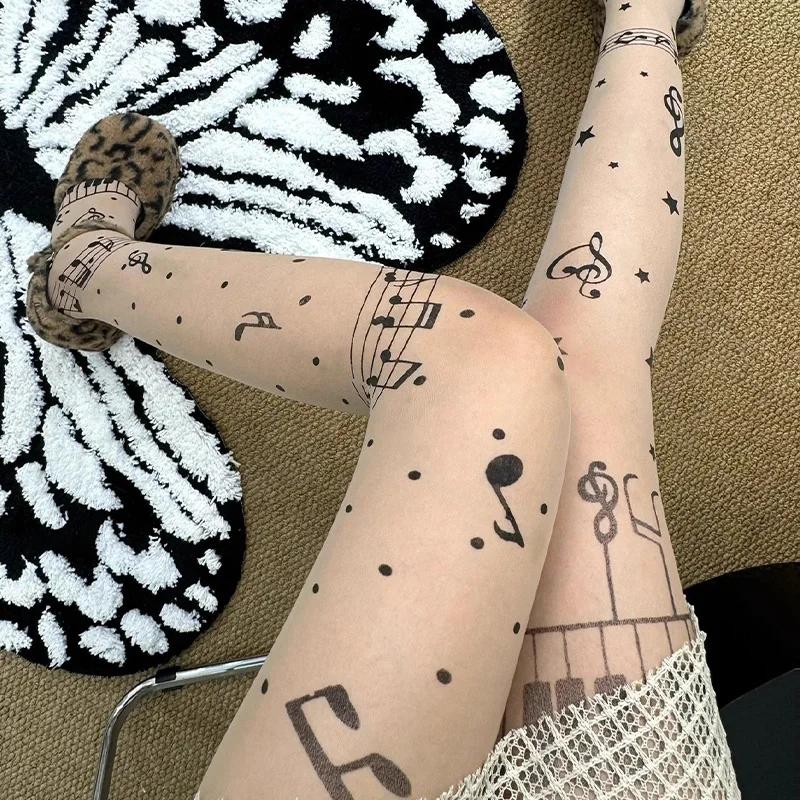 Módní Punčochové Kalhoty s Potiskem Hudebních Not Dámské Sladké Cool Tenké Vysoce Pružné Ponožky Lolita Jk Punčochy Punčochové Zboží Punčochy na Hudební Festival