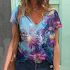 Summer V-neck 3D Flower Printed Top Fashionable Casual Short Sleeved Women's T-shirts