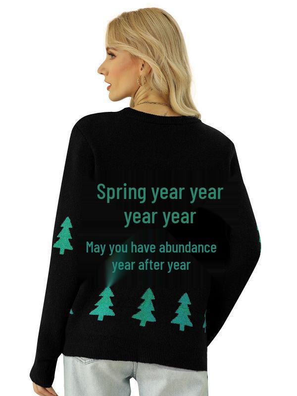 European & American Women's Red Christmas Tree Jacquard Knit Pullover Sweater - Long Sleeve, Autumn/Winter