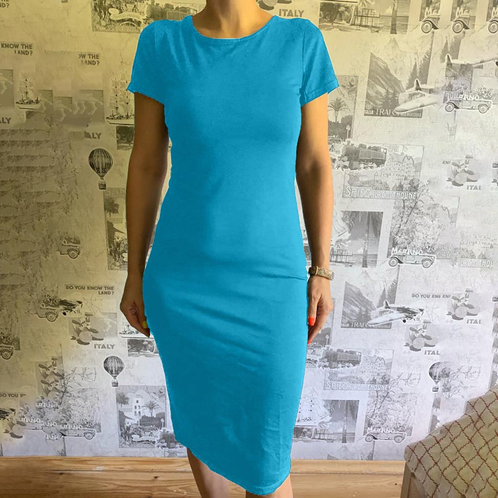 Women's Fashion Sexy  Solid Color Bag Hip Elasticity Short-sleeve Dress