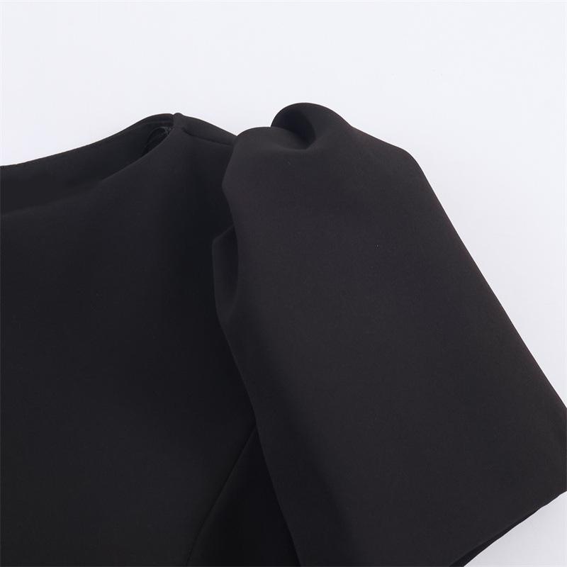 French Bubble Sleeve Sexy Waist-cinching Pleated Dress - Solid Color Short Skirt, European American Style