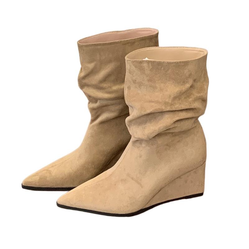 Pile boots autumn and winter new pointed toe heel medium boots retro pleated sleeve fashion short boots