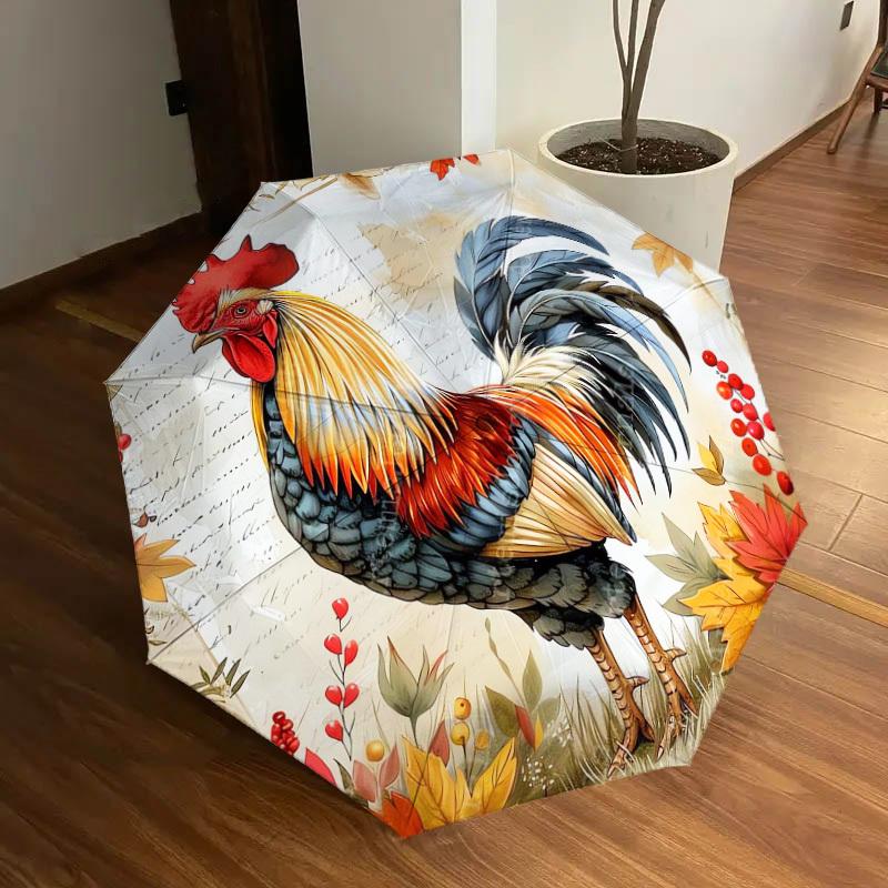 1pc Autumnal Rooster with Berries and Leaves Umbrella with Plastic Handle,Suitable for All Seasons Home Travel Outdoor UmbrellaDD1519