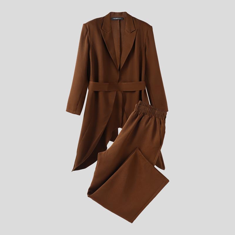 INCERUN Men Outfits Peak Lapel Long Sleeve Irregular Blazer Windbreaker Long Pants Casual Two Piece Suit Sets