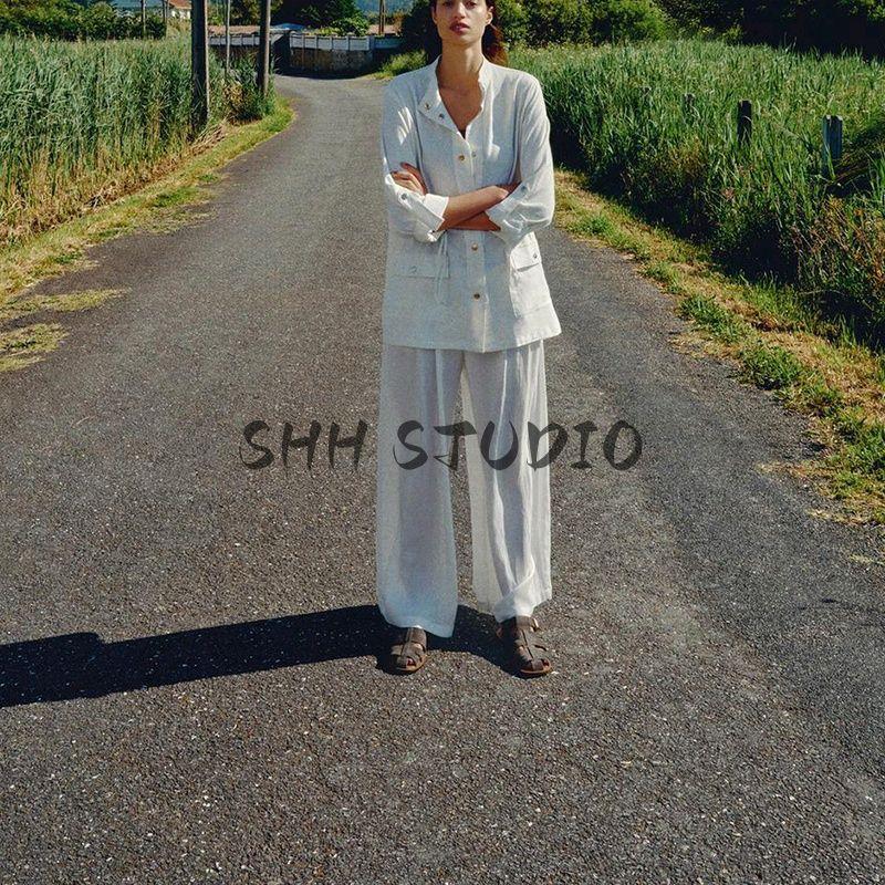 Summer New Product Women's Clothes French Linen Blended Tour Hunting Jacket Stand Collar Long Sleeve Shirt Top 4387052