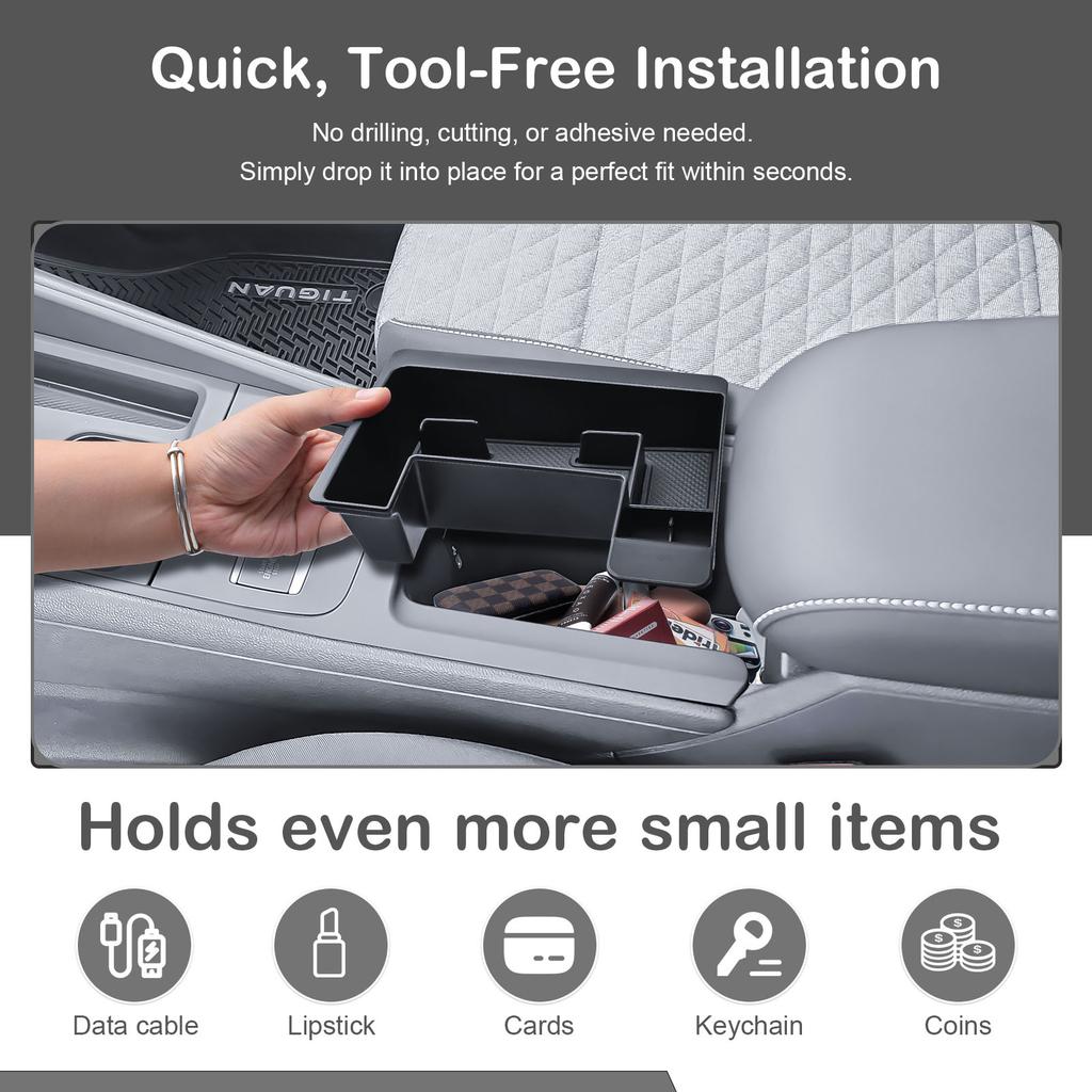 Front Center Console Organizer for 2025 2026 VW Volkswagen Tiguan (S/SE/SE R-Line Black/SEL R-Line) Front Armrest Insert Tray