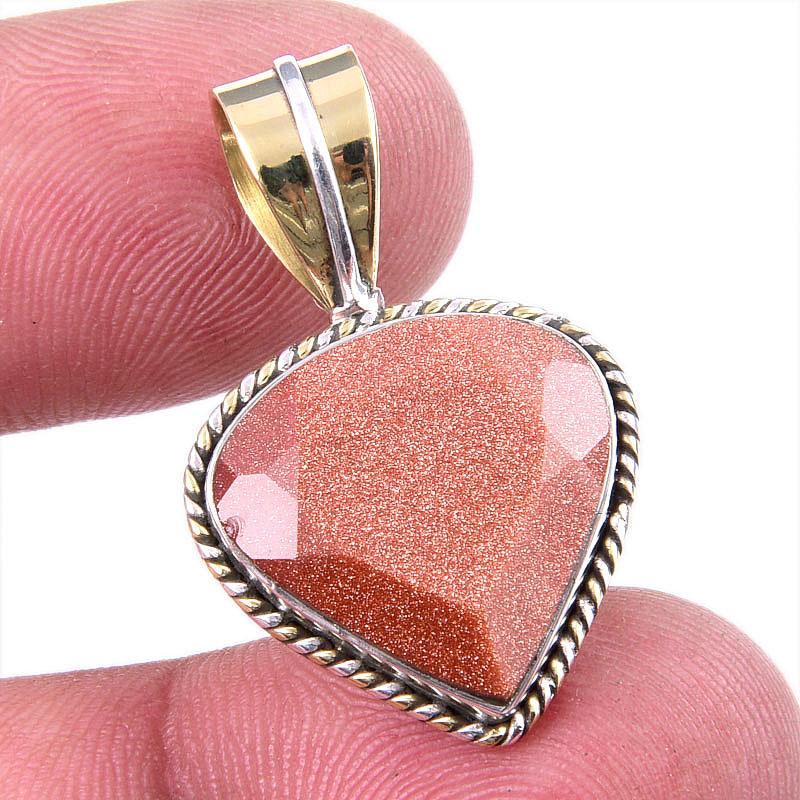 

Natural Sunstone Gemstone 925 Solid Sterling Silver Two Tone Pendant 1.25 Q9I68