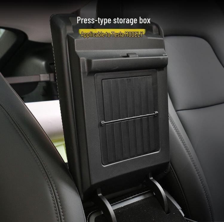 Tesla Model Y Hidden Press Flip-Lid Storage Box with Built-In Compartment for Center Console Armrest.