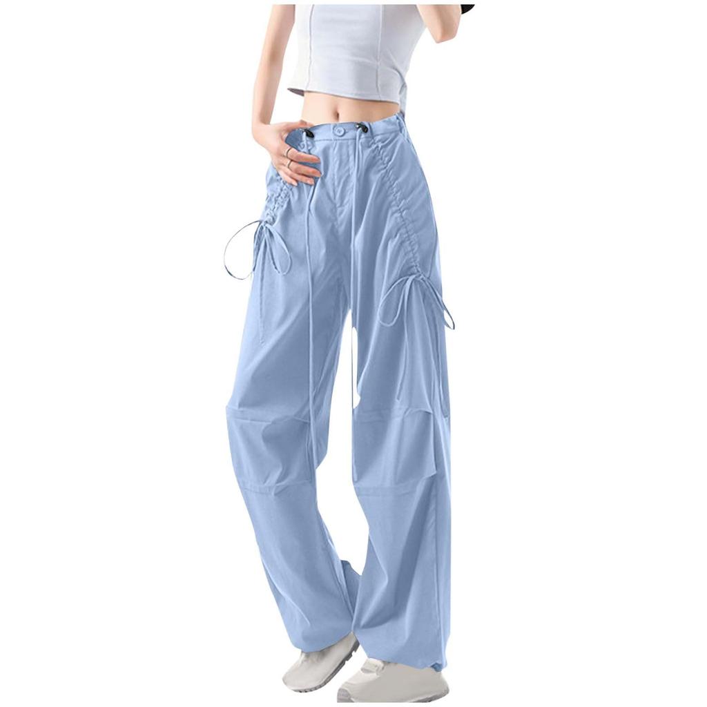 Women Elastic High Waist Pant Casual Fit Wide Leg Long Pants Trousers With Pockets