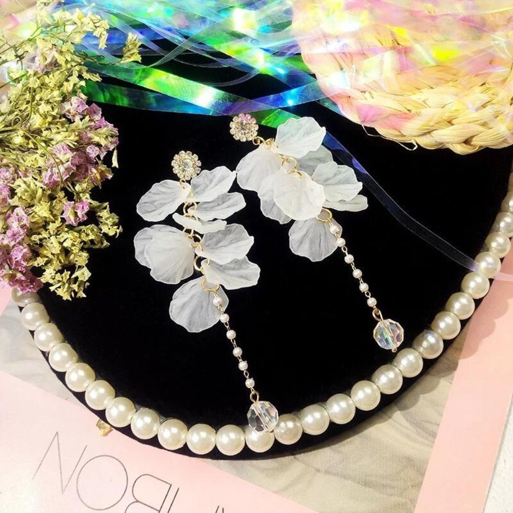 Super Fairy Pink Flower Petals Pearl Long Tassel Dangle Earrings for Women Romantic Wedding Party Daily Wear Vacation Jewelry