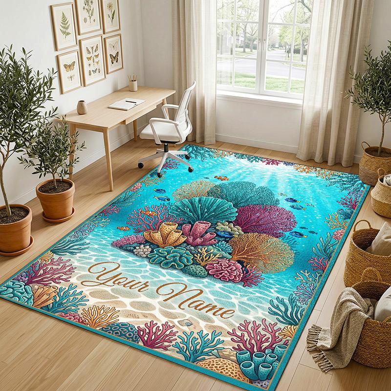 Underwater Coral Paradise Theme Soft Crystal Velvet Rug Custom Name & Text Print Non Slip Floor Rug for Bedroom Living Room