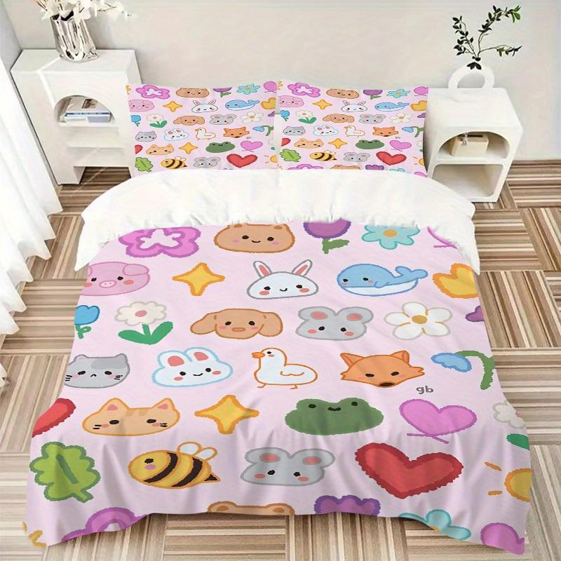 3pcs Cute Animal Stickers Bedding Set, Breathable And Soft, Suitable for All Seasons Machine Washable, Suitable for Bedroom Decoration,yy250822146