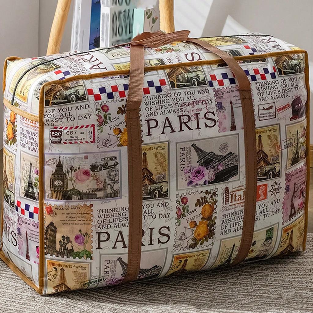 1pc Vintage Fabric Foldable Storage Bag with Strong Zipper and Handle, Space-Saving, for Moving, Travel, Back To School