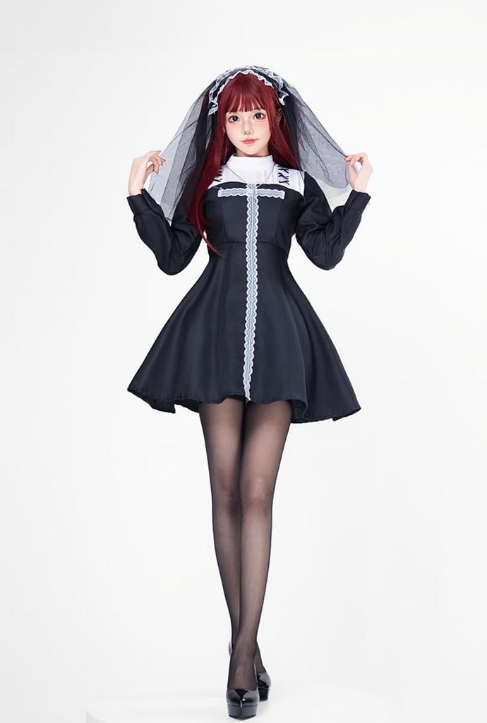 Cedar Eight Sexy Nun Gothic Lolita Halloween Sister Includes and Necklace Costume, Costume, Cosplay, 3-Piece Set, Dress, Veil, (XL)