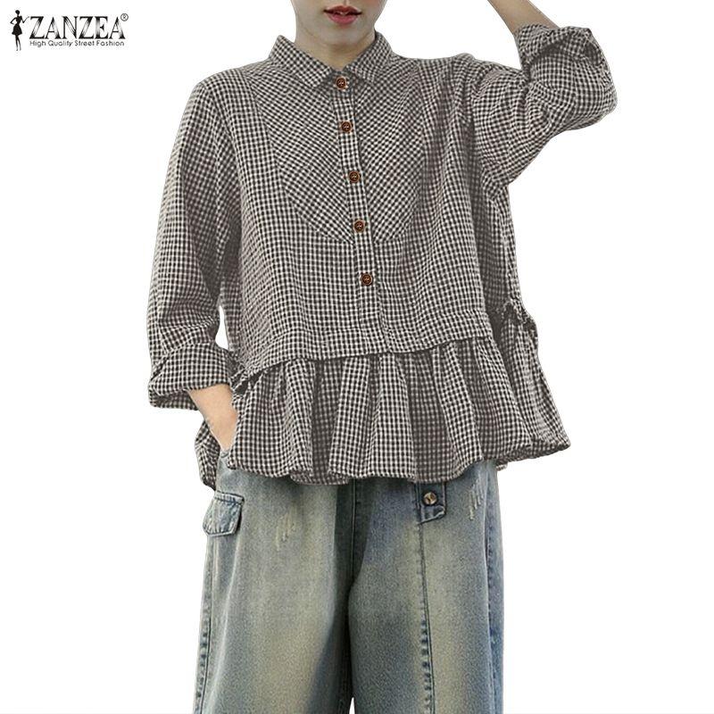 ZANZEA Dámská ležérní halenka s límečkem, kostkovaným potiskem, volným střihem a dlouhým rukávem