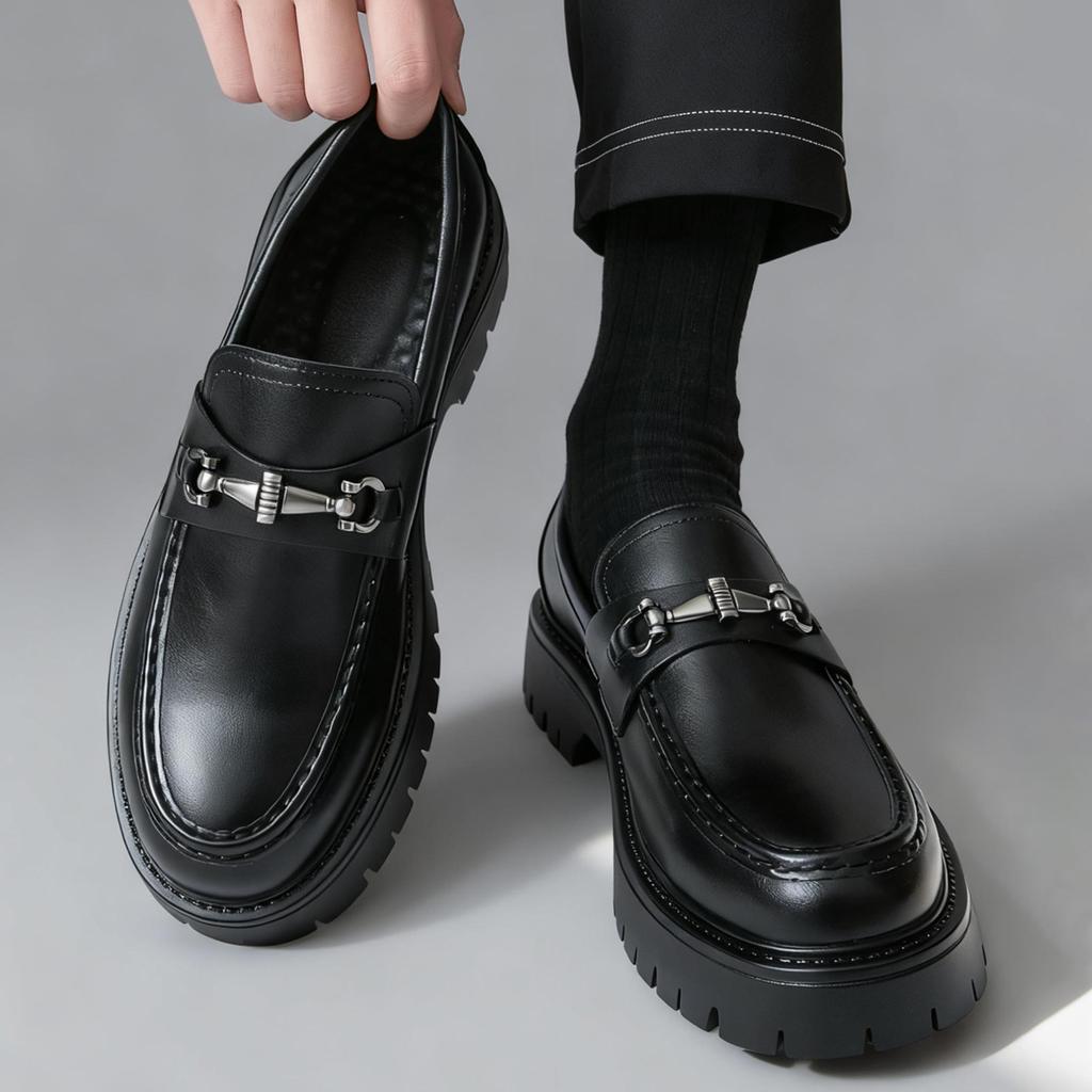 Fashion Classic Thick Sole Men's Penny Loafers Slip-On Business Dress Shoes Gentleman Metal Buckle Formal Black Business Shoes