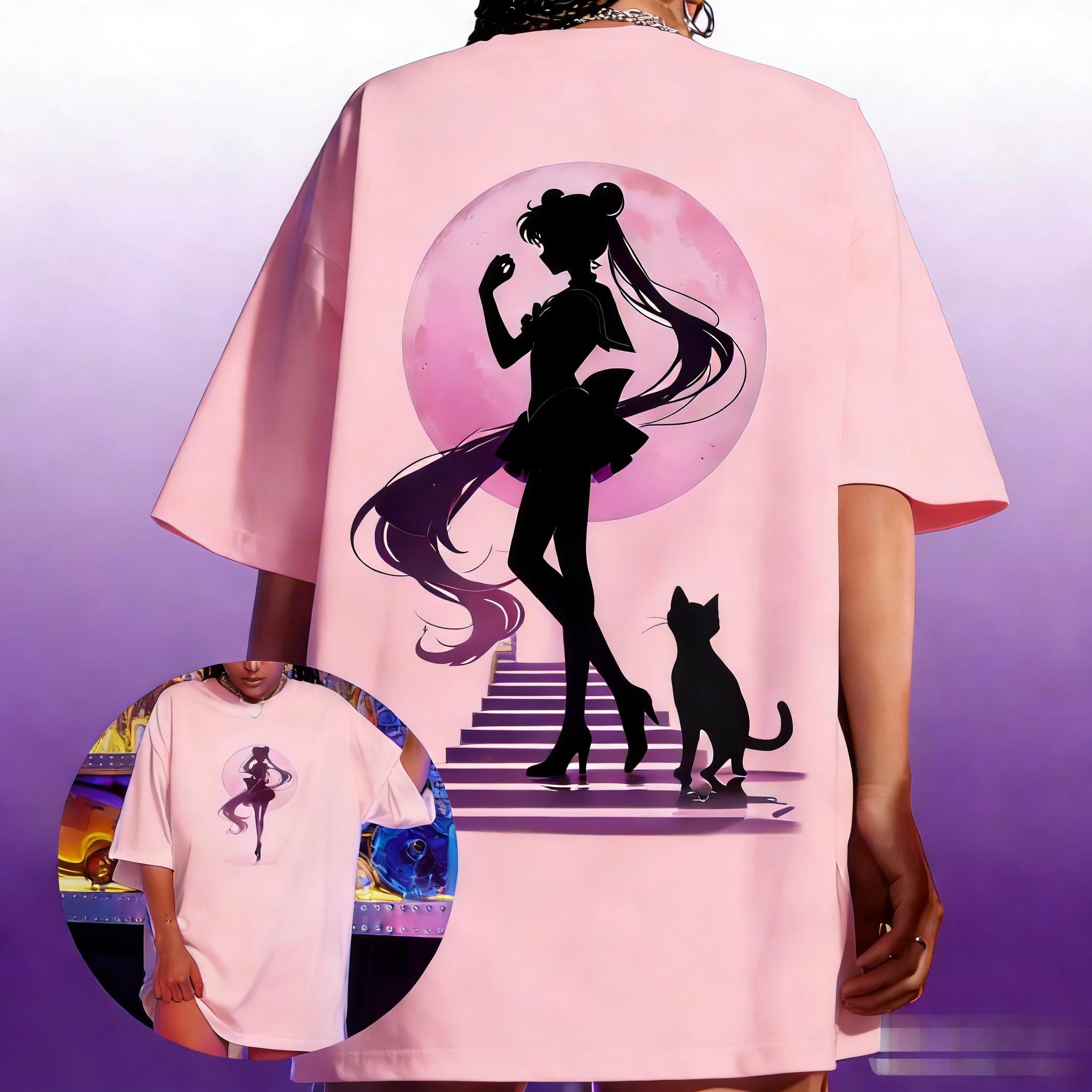 Summer 2026 Sailor Moon Hare Silhouette Under The Moon Street Trend 100 Cotton Print Loose Tshirt Malefemale Top Y2k S