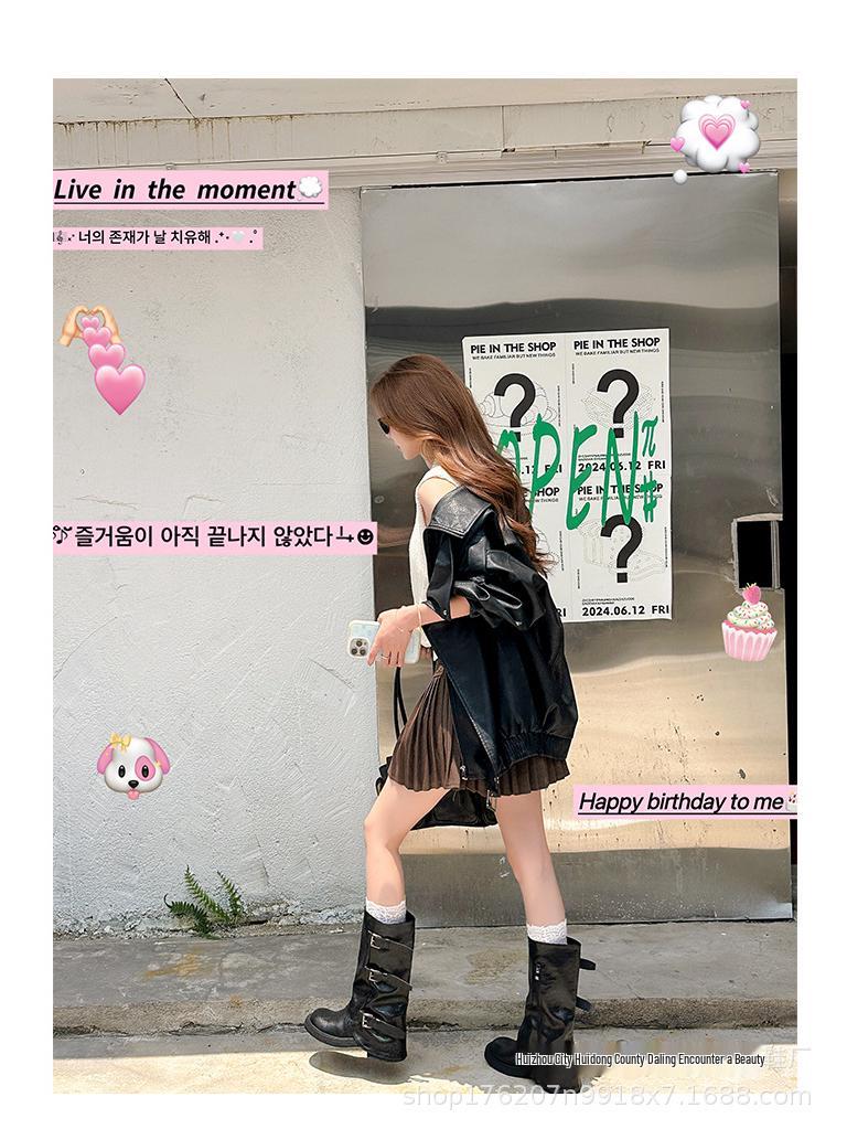 8cm Hidden Heel Women's Mid-Calf Boots - 2025 Autumn/Winter Collection, Thick Sole with Buckle & Wrinkled Design.