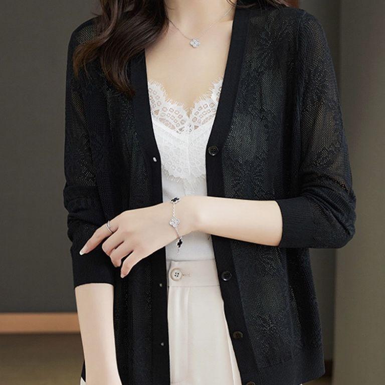 Letní dámská ledová hedvábná pletenina krém na opalování volný pletený kardigan tenká pletená bunda s výstřihem