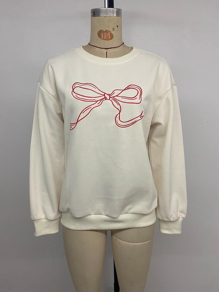European-American Casual Loose Round Neck Pullover with Sweet Embroidery & Bowknot Design for Women