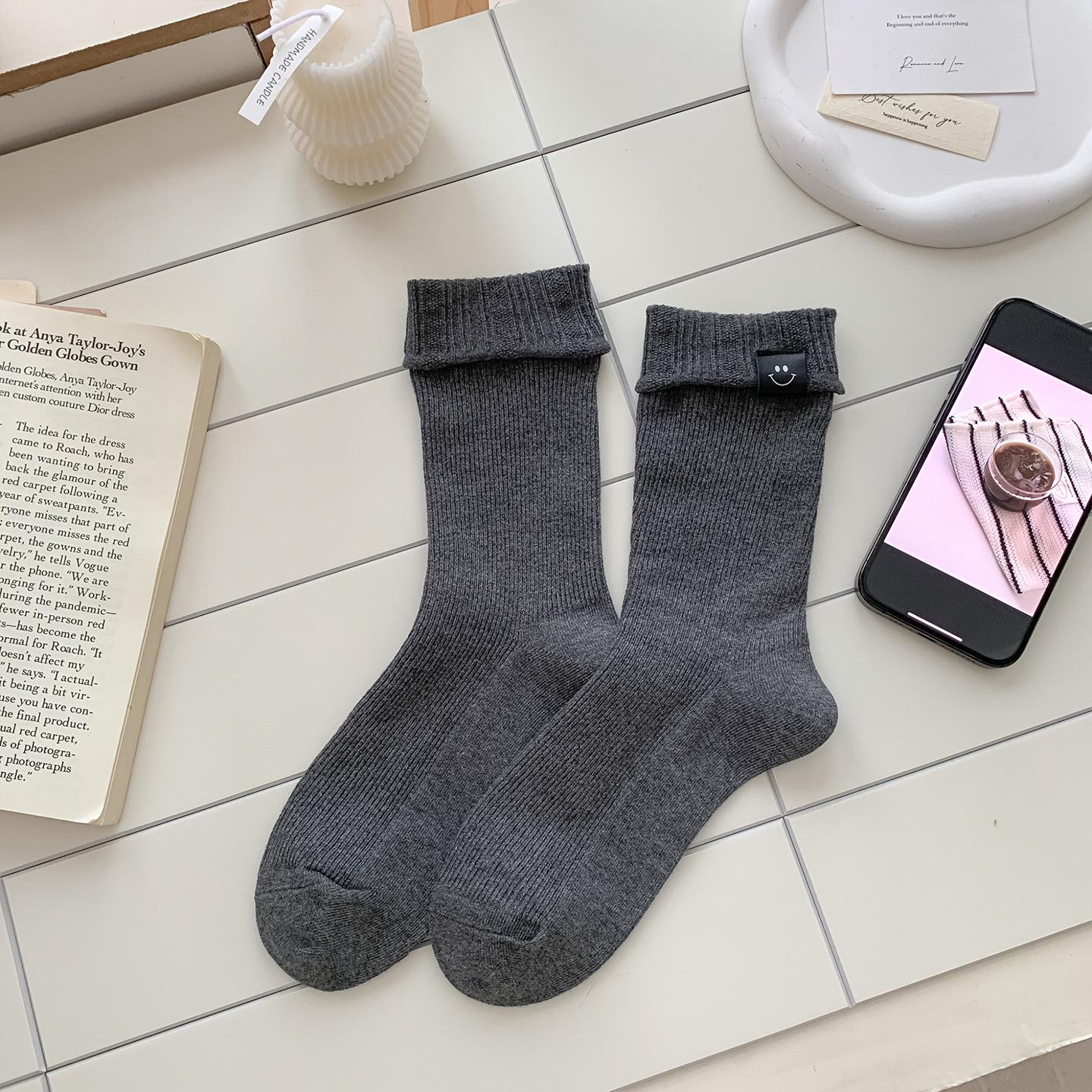 

Женские гольфы до середины икры с отворотом и смайликом - Корейский стиль, Европейский тренд, Осень-Зима, Простой дизайн One Size темно-серого