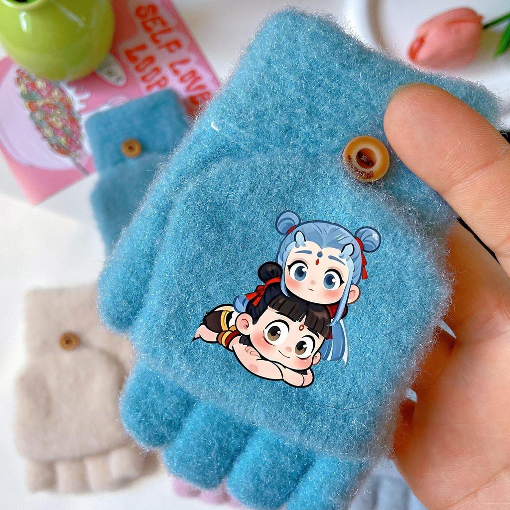 Nezha Ao Bing Winter Cartoon Fingerless Gloves: Thick, Windproof, Warm Knit for Girls