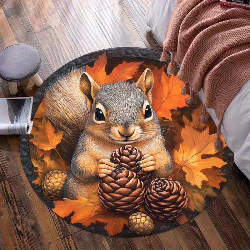 

Cute Squirrel Holding Pinecones Autumn Leaves Round Rug Soft Crystal Velvet Floor Mat Home Decor Living Room Bedroom Carpet 60cm x 60cm