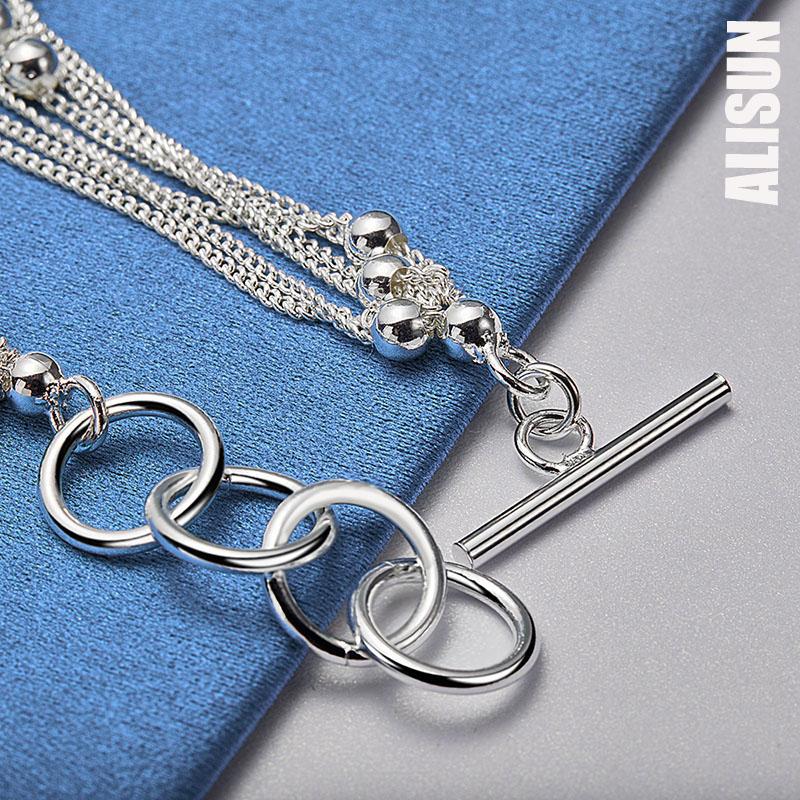 925 Sterling Silver Gloss Face Bead Multi Chain Bracelet Fashion Wedding Jewelry