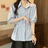 Large Size Women's French Temperament Blue Striped Shirt Summer Short Sleeved Top