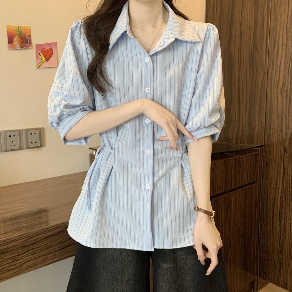 Large Size Women's French Temperament Blue Striped Shirt Summer Short Sleeved Top