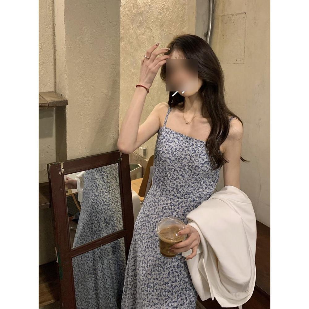 Sweet and Spicy Floral Suspender Dress for Women's Summer Waist Medium and Long Temperament Seaside Vacation Skirt Suspender