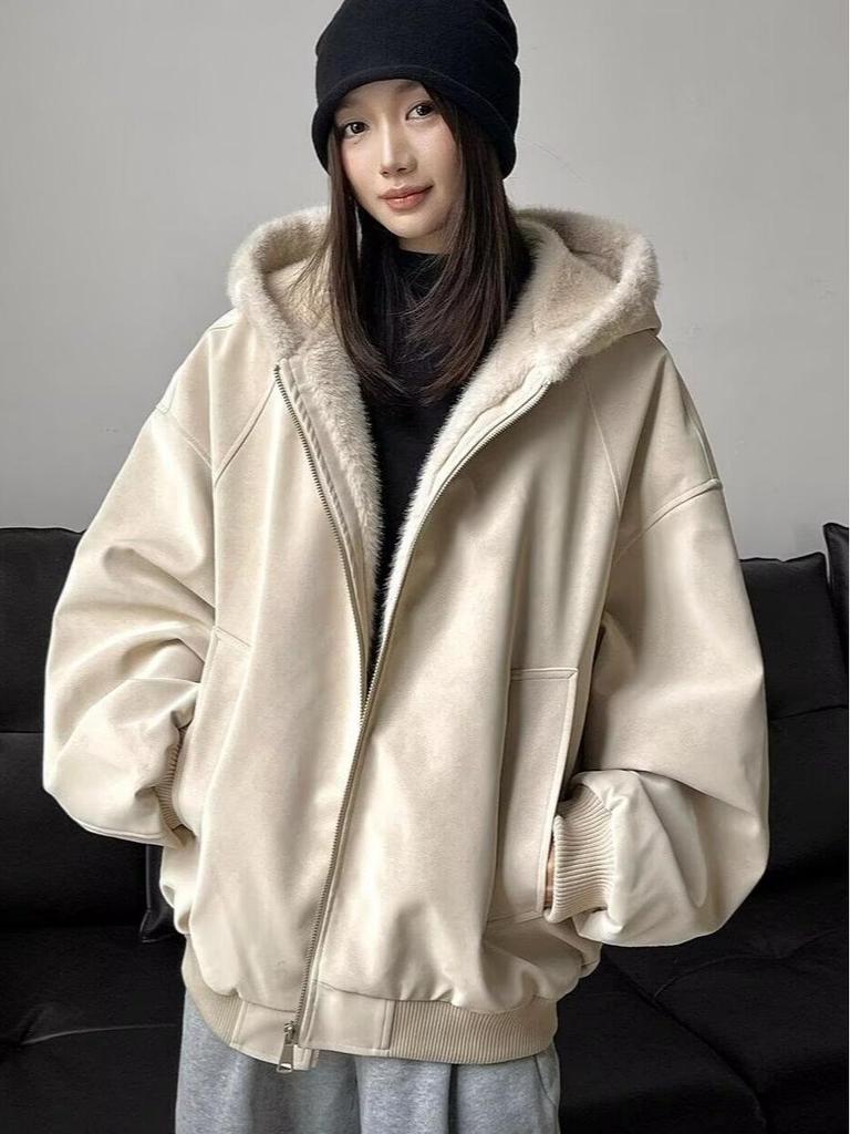 Unisex American-Style Hooded Leather & Cotton Jacket with Fur Collar - Thick, Warm, Winter Coat