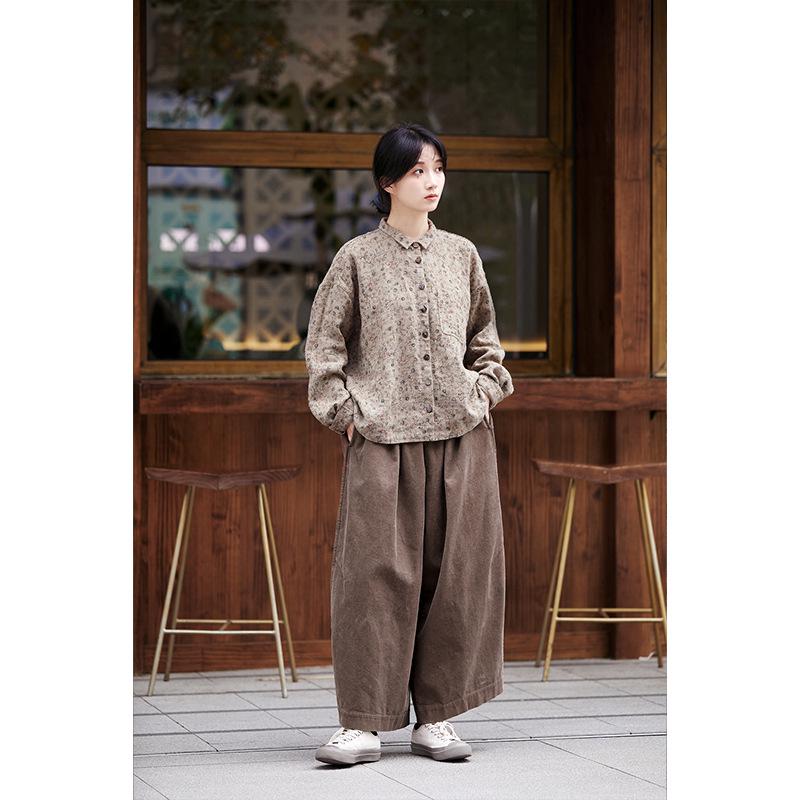 Retro Women's Brocade Color Casual Slimming Linen Shirt for Autumn