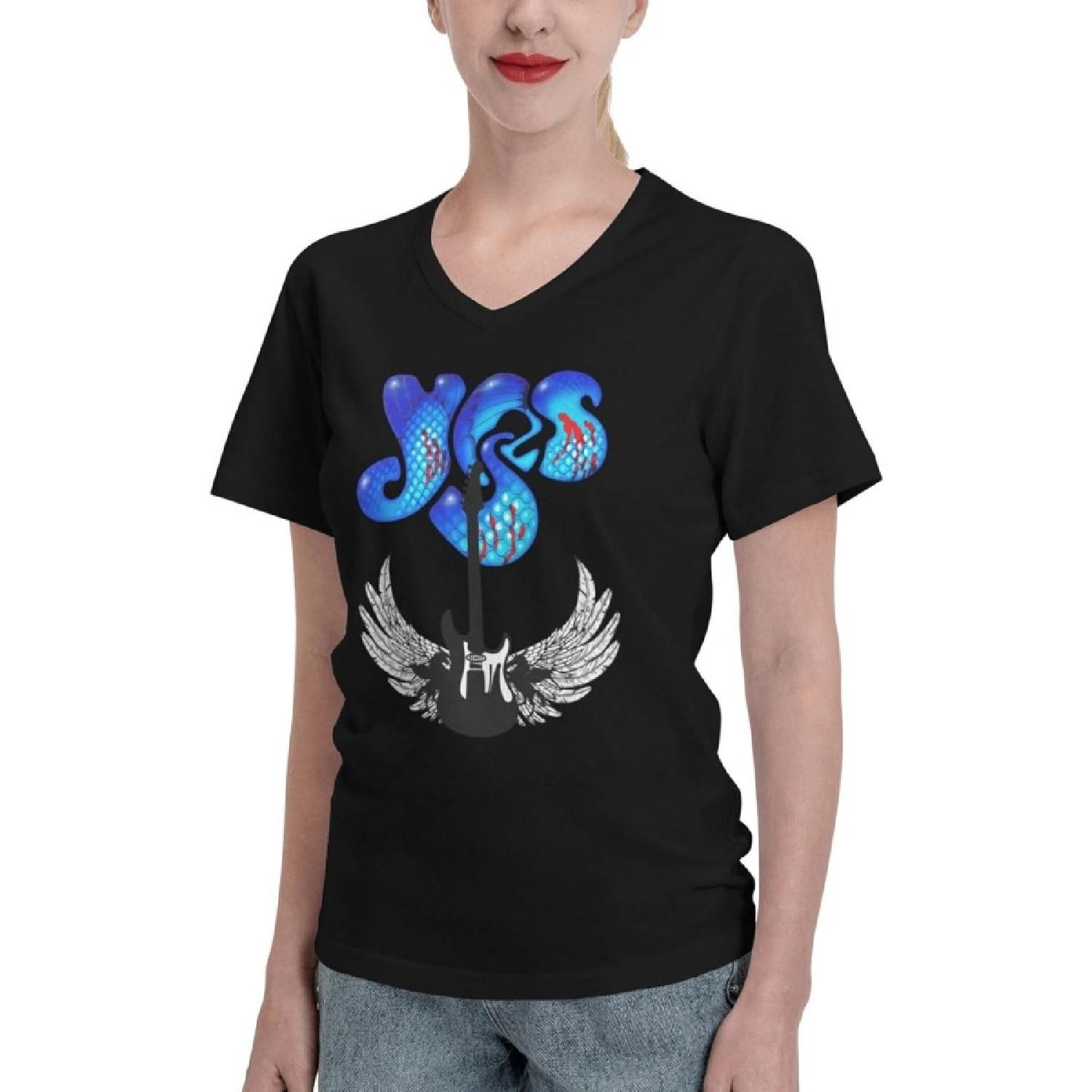 

KJDMHMTE Women s t-Shirts YES Rock Band Women s Short Sleeve T-Shirt Casual V-Neck Cotton Athletic T-Shirts XXXXXL