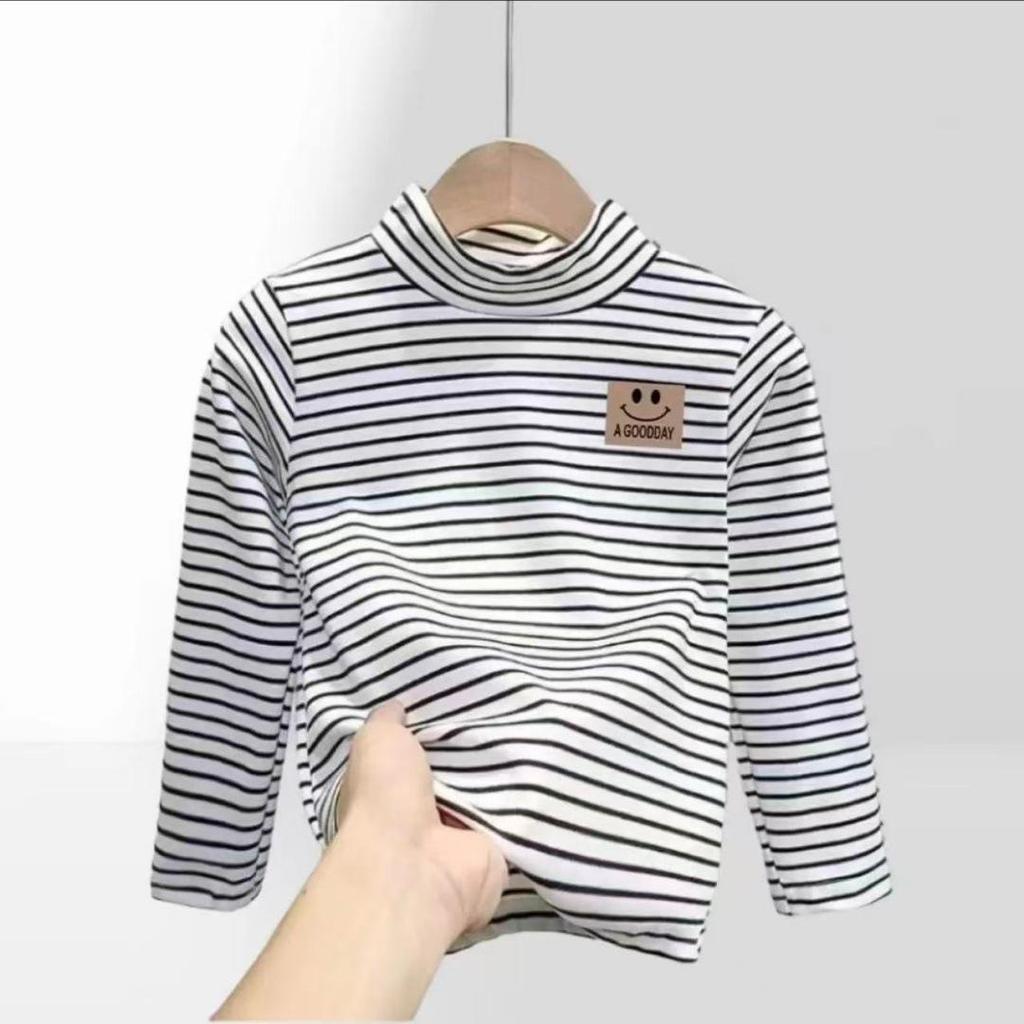 Children's Thermal Fleece Striped Long Sleeve Shirt with Half-High Collar for Boys and Girls (Autumn/Winter)