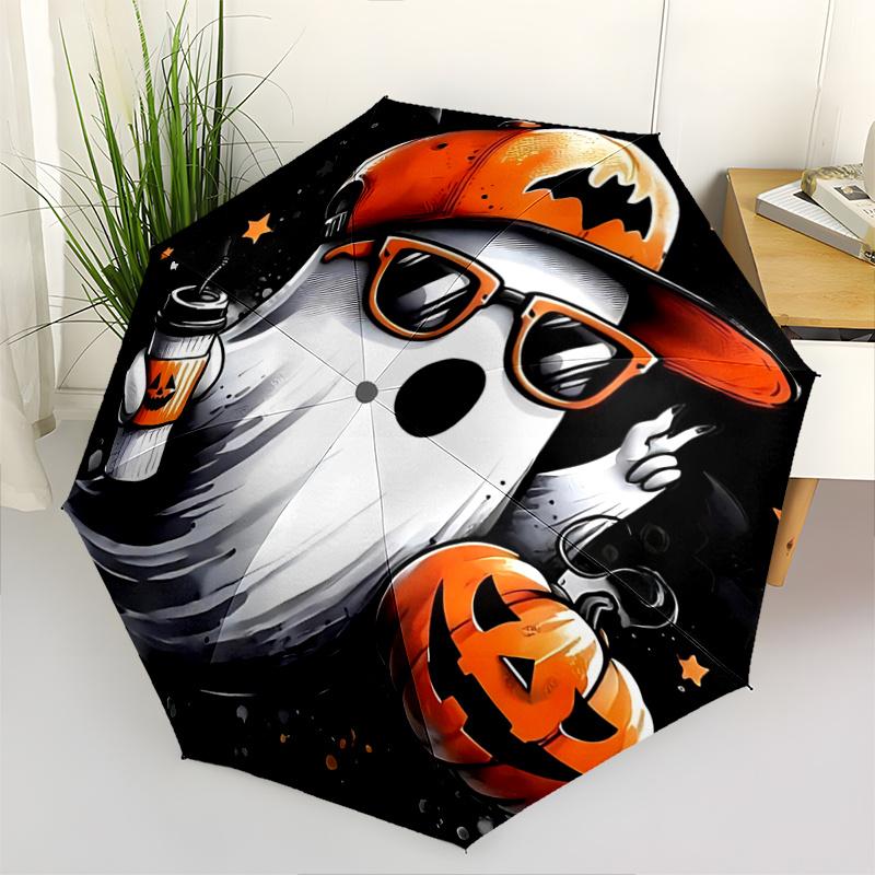 

1pc Halloween Ghost with Pumpkin Jack Lantern Coffee Cup Auto Open Close Umbrella Portable Folding Design 8 Bone Iron Frame Outdoor Umbrella Fest