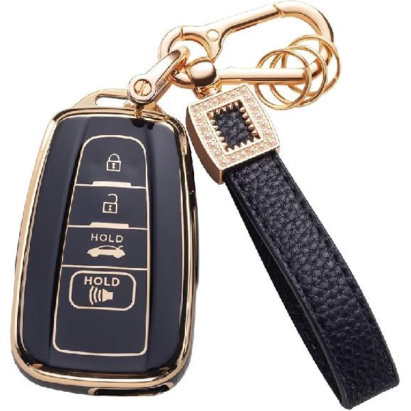 for Toyota Key Fob Cover with Leather Lanyard, Car Key Fob Case Compatible with 2018- Camry RAV4 Highlander Avalon C-HR Prius Corolla GT86 Smart Key