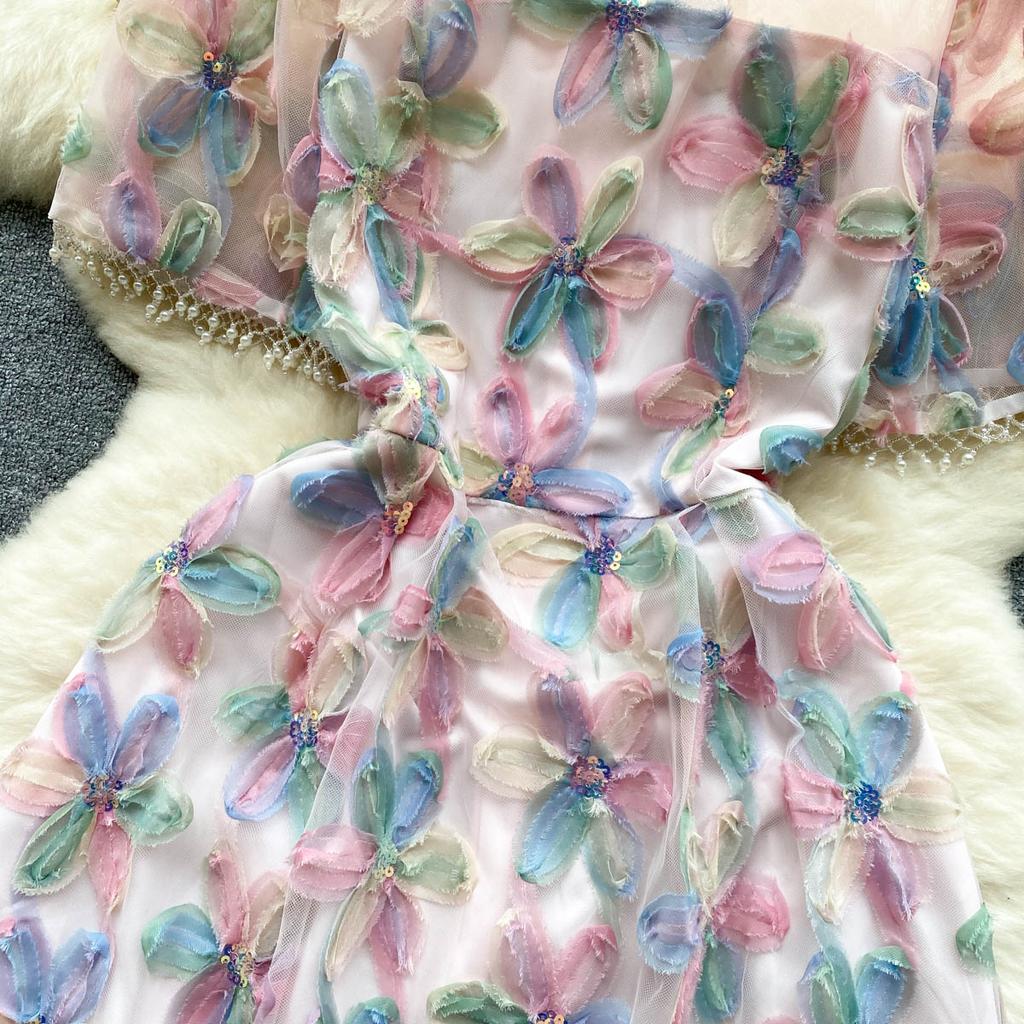 Fransk openwork gasbind søm paljetter broderi blomster A-linje kjole kvinner mote o-hals kortermet festkjoler