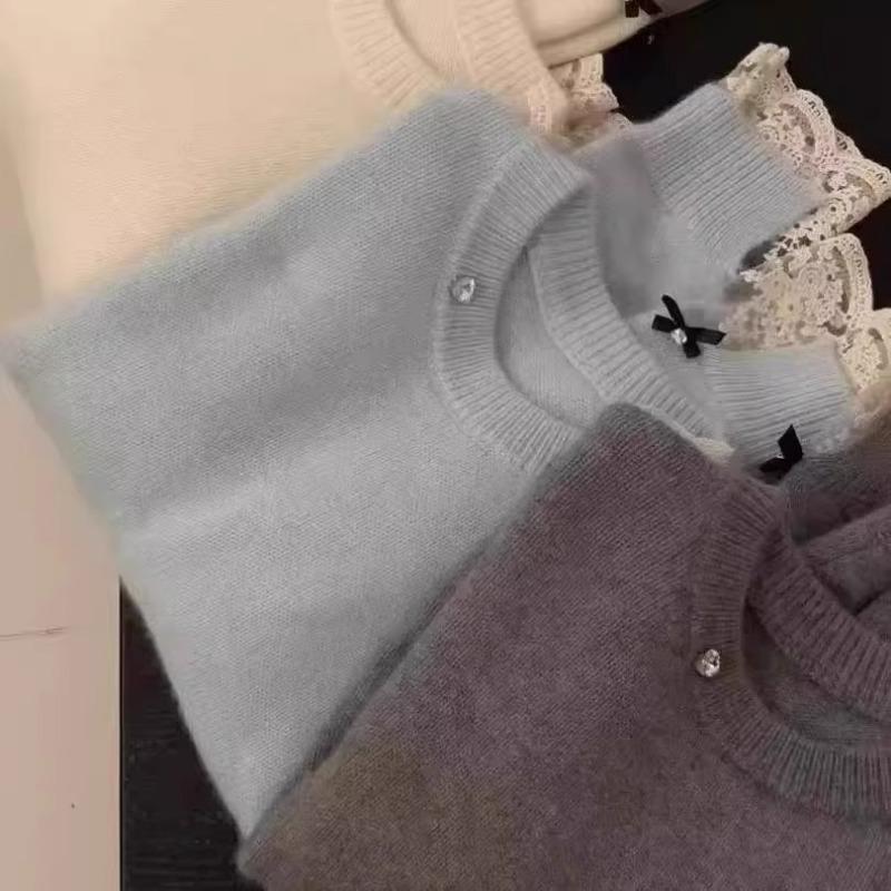 Korean Fashion Lace Splicing Knitted Pullover Sweater Women 2025 Winter New Loose Sweet Sweaters Solid Color O Neck Casual Simple Office Tops Clothing