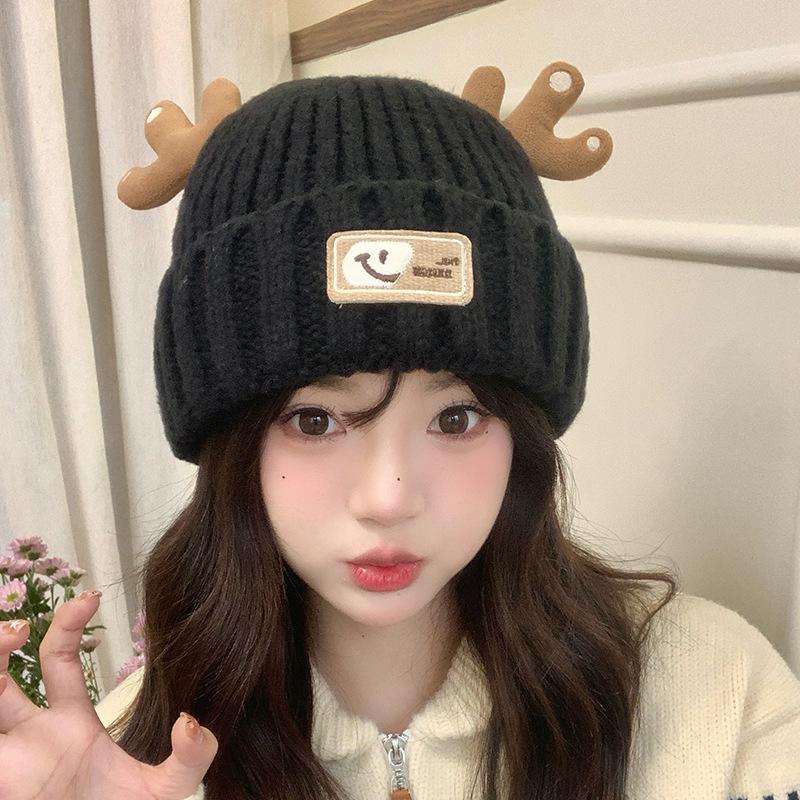 Women's Winter Knitted Hat with Cute Cartoon Christmas Reindeer Antlers, Ear Protection, Fleece Lining, Thickened for Cold Protection