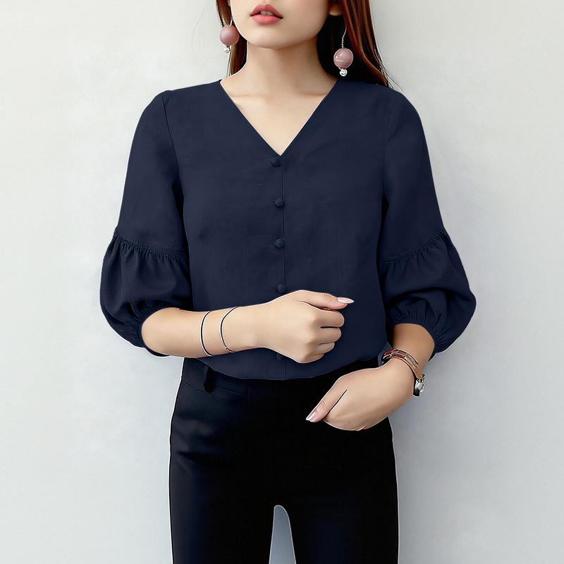 ZANZEA Women Casual V-Neck Solid Color 3/4 Sleeve Loose Blouse