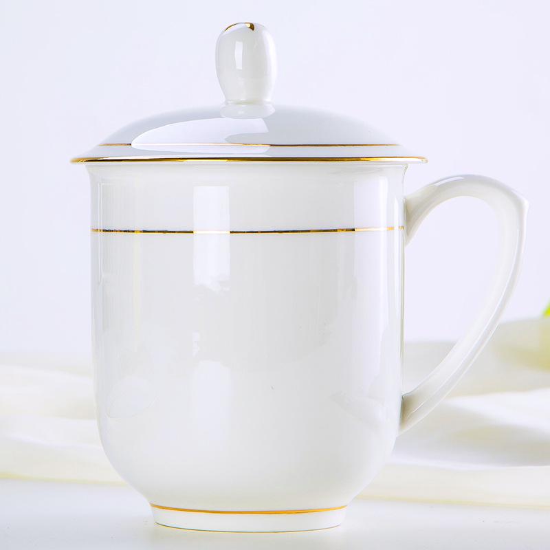 Gold Painted Jingdezhen Ceramic Cup with Lid - High Temp Bone China Tea Cup for Business Meetings and Home