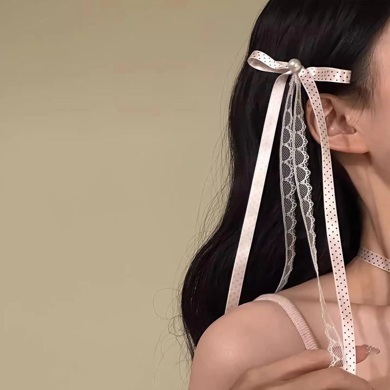 

Lace polka dot bow pearl hairpin side clip simple and elegant versatile duck bill clip light luxury niche hair accessories women