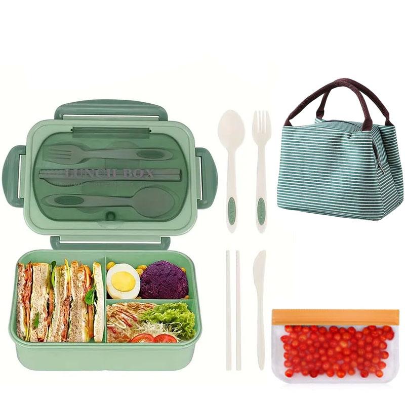 Fächer Kunststoff Bento Box Wiederverwendbar Pp Kunststoff Tiffin Kinder Lunchbox mit Besteck und Handtasche Bento Boxen für Kind Erwachsener