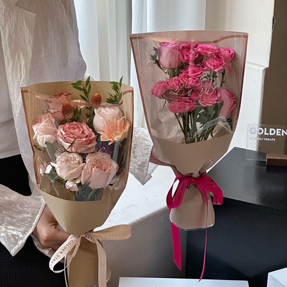 20PCS Transparent Flower Packaging Bag Hot Stamping Foil Rose Wrapping Bag Bouquet Packing Bag