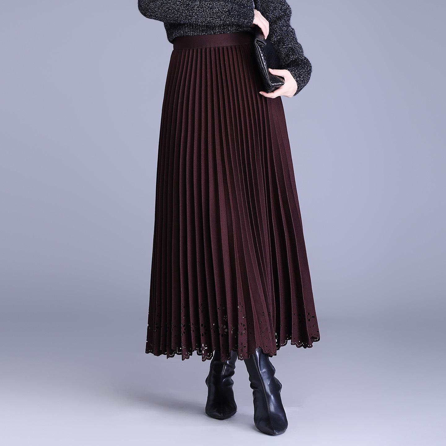 Elegant Hollow Out Woolen Pleated Skirt: High Waist, Slimming, Versatile Hem for 2025 Autumn/Winter One Size