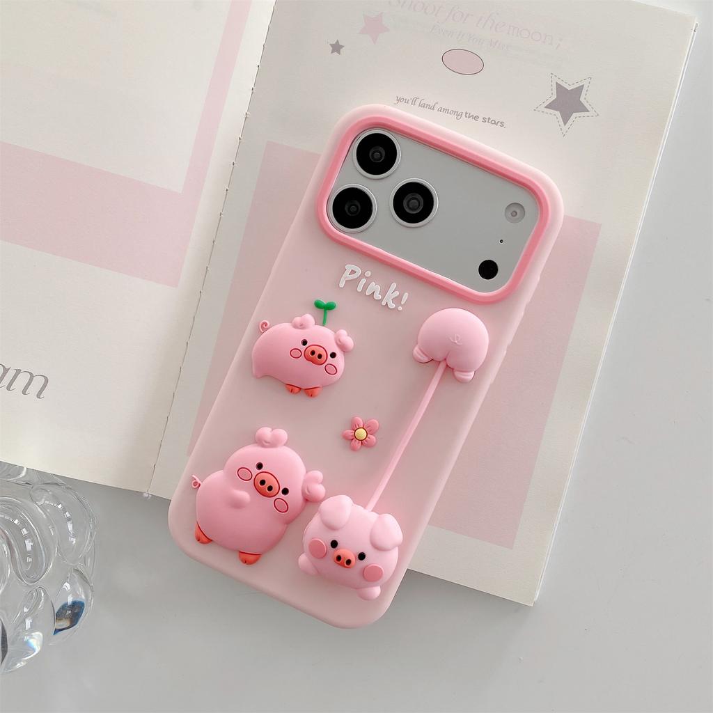 For iPhone 17 Pro Max Silicone Case Cute 3D Cartoon Pig Pendant Shockproof Phone Back Cover
